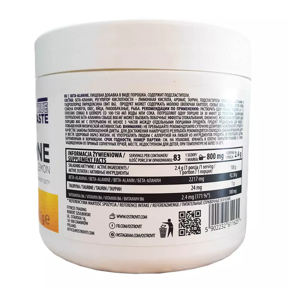 Ostrovit Beta-Alanine Lemon 83 Servings 200g Facts