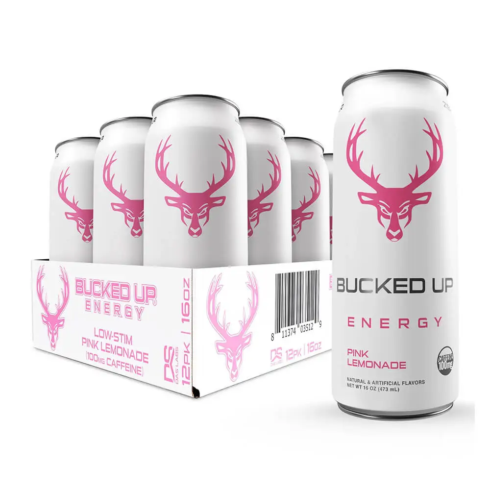 Bucked Up RTD Energy Drink 473 ml, pack of 12, pink lemonade